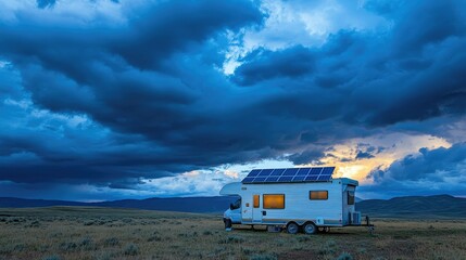 A caravan with rooftop solar panels set up in a remote location, with a dramatic cloudy sky overhead.