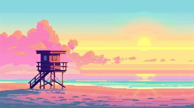 Sunset Serenity:  A lone lifeguard tower stands silhouetted against a breathtaking sunset, casting a warm glow over the sandy beach.  The serene scene invites relaxation and contemplation. 