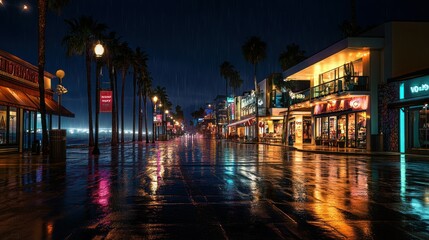 City street near the beach, illuminated by modern street lamps and decorated with shining shop windows background wallpaper AI generated image