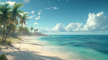 Obraz premium Tranquil tropical beach with palm trees and a clear blue sky.