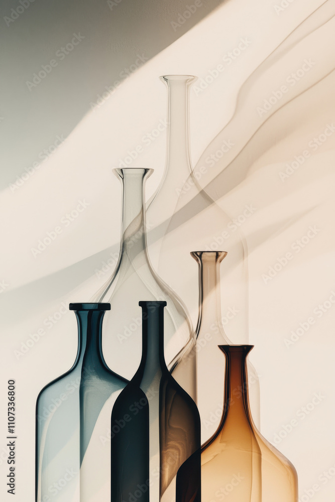 Poster elegant arrangement of translucent glass bottles casting artistic shadows in minimalistic setting