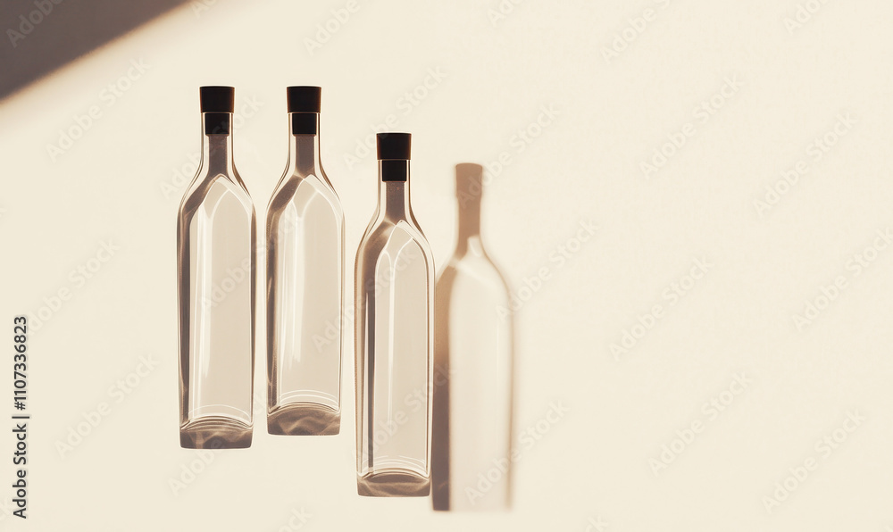 Poster minimalist composition of three elegant glass bottles with shadows in a simple artistic arrangement