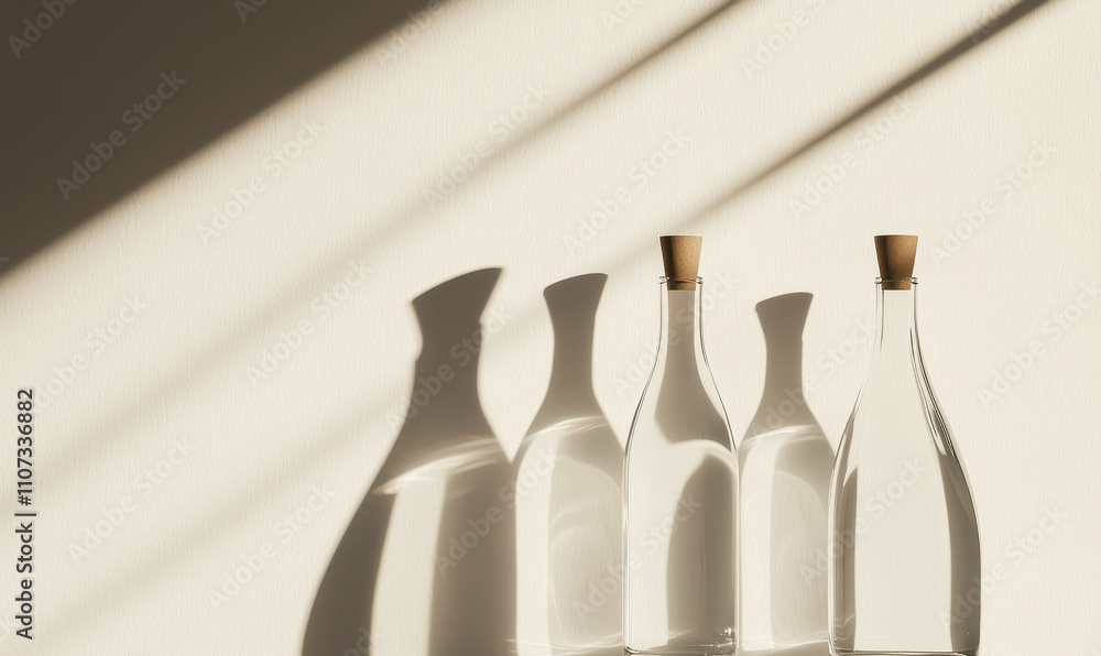 Poster exploring minimalist elegance: bottles with cork stoppers casting geometric shadows in sunlit settin