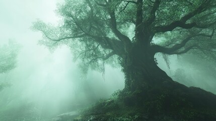 Fototapeta premium A large tree is located in the middle of a green forest. A view of natural beauty background wallpaper AI generated image