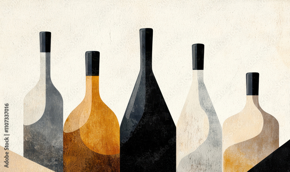 Poster abstract artistic composition of wine bottles in minimalist style with elegant textured design