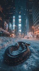 A giant snake slithers through a snowy Times Square at night. The city is quiet, with snowflakes falling gently on the streets, creating a surreal atmosphere.