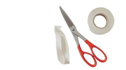 Scissors cutting white sticky tape on transparent background