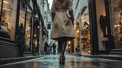 Naklejka premium A city chic vibe with a woman in a belted trench coat and heeled boots strolling past luxury boutiques
