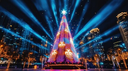 Fototapeta premium A city square with a towering Christmas tree glowing with colorful lights and festive decorations