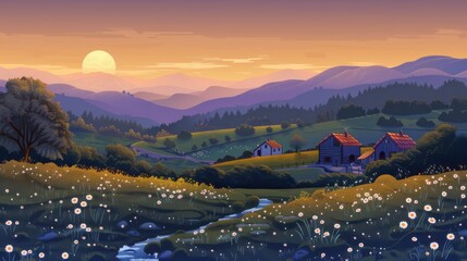 Fototapeta premium Sun-Kissed Valley: A serene digital painting of a picturesque valley bathed in the golden light of sunset. The rolling hills, lush meadows dotted with wildflowers.