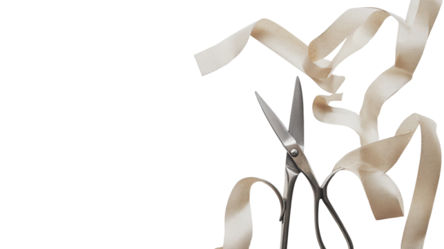 Scissors cutting a ribbon on transparent background for easy editing