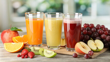 Three glasses with different juices and fresh fruits on table against blurred background
