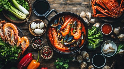A close-up of a bubbling seafood hot pot with shrimp, crab legs, clams, and mussels, surrounded by fresh vegetables and dipping sauces on a wooden table