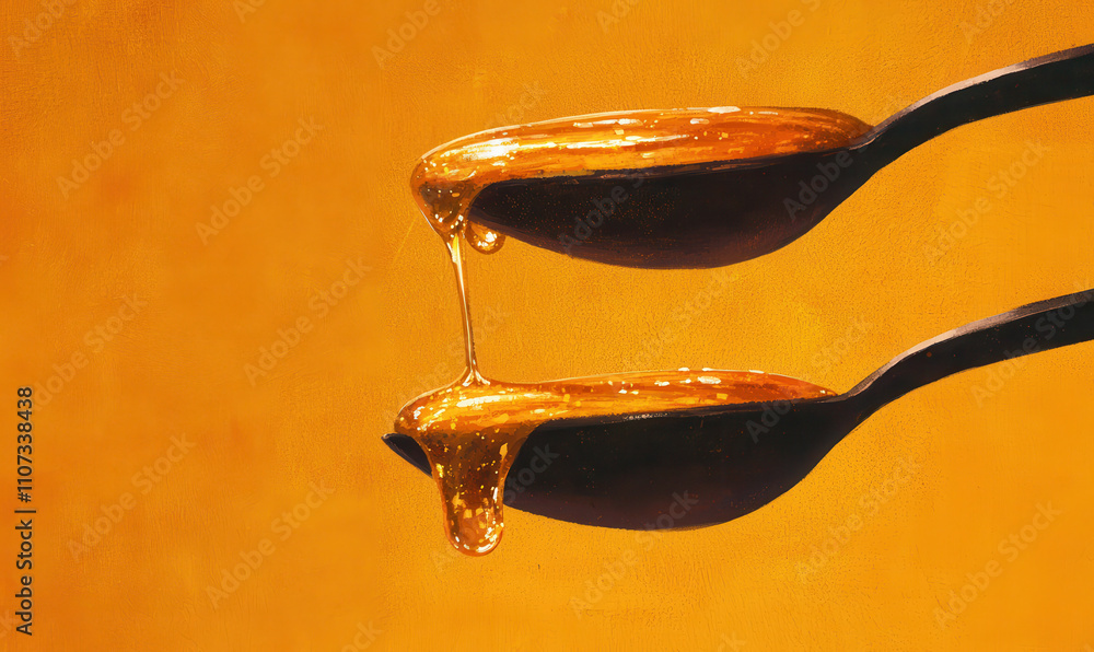 Poster captivating image of golden honey dripping from spoons against a warm backdrop: a visual ode to swee