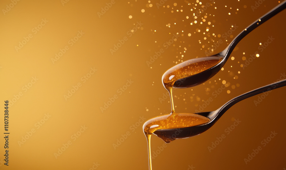 Poster captivating image of golden honey dripping from spoons showcasing sweetness and texture