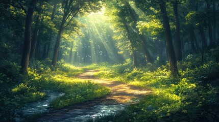 Obraz premium Sunbeams illuminate a path winding through a lush green forest.