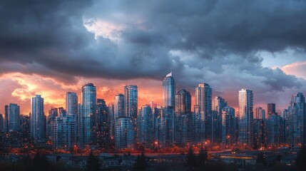 Obraz premium City skyline under an overcast sky Thick clouds reflect the faint orange light of the setting sun background wallpaper AI generated image