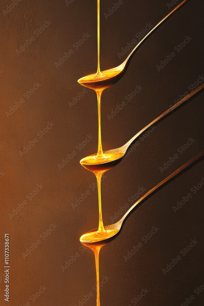 Poster golden honey dripping across multiple spoons captures mesmerizing flow and rich amber textures for g