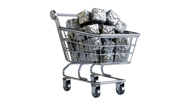 Shopping cart filled with raw metal cubes on transparent background