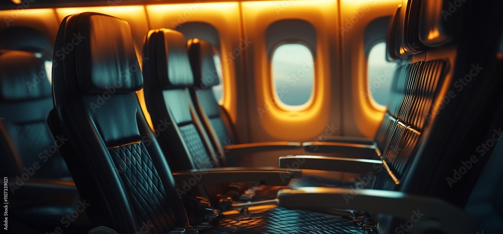 Poster interior of an airplane cabin with empty seats and soft lighting.