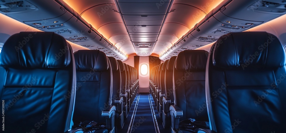 Poster interior view of an airplane cabin with empty seats and a window.