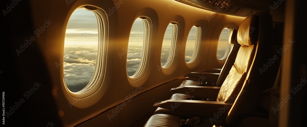 Poster interior of an airplane with empty seats and a sunset view.
