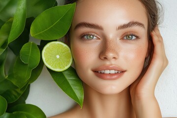 Woman with fresh lime and green leaves showcases natural beauty in serene indoor setting