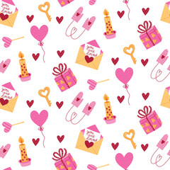 Romantic Saint Valentines Day symbols colorful cute seamless vector pattern