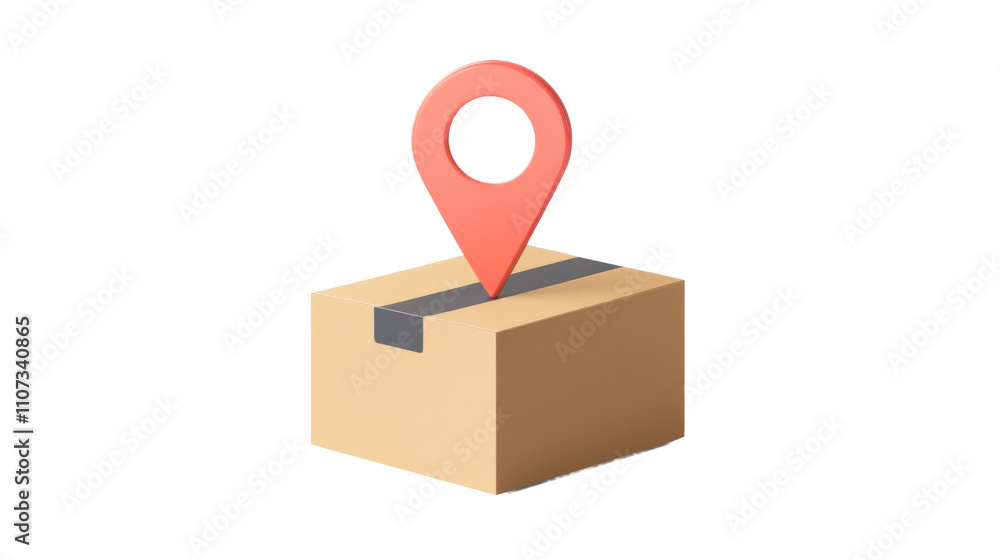 Poster cardboard box with location pin showing shipping destination on transparent background