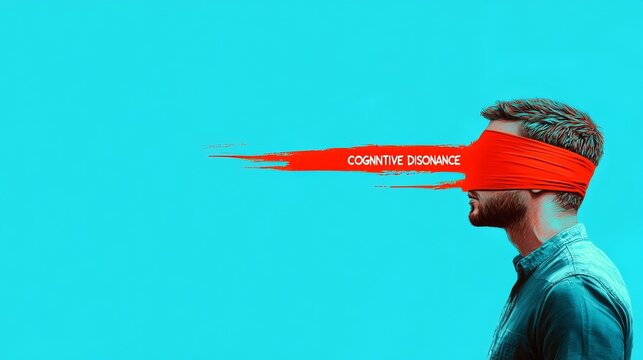 A young Caucasian man with a blindfold made of red paint, representing the concept of cognitive dissonance against a vibrant blue background.