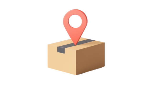 Cardboard box with location pin showing shipping destination on transparent background