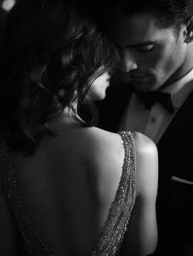 Black-and-white photograph of a couple dancing, the woman wearing a dress with an open back, the man dressed as a mafia boss. The focus is on their upper bodies in a close-up shot