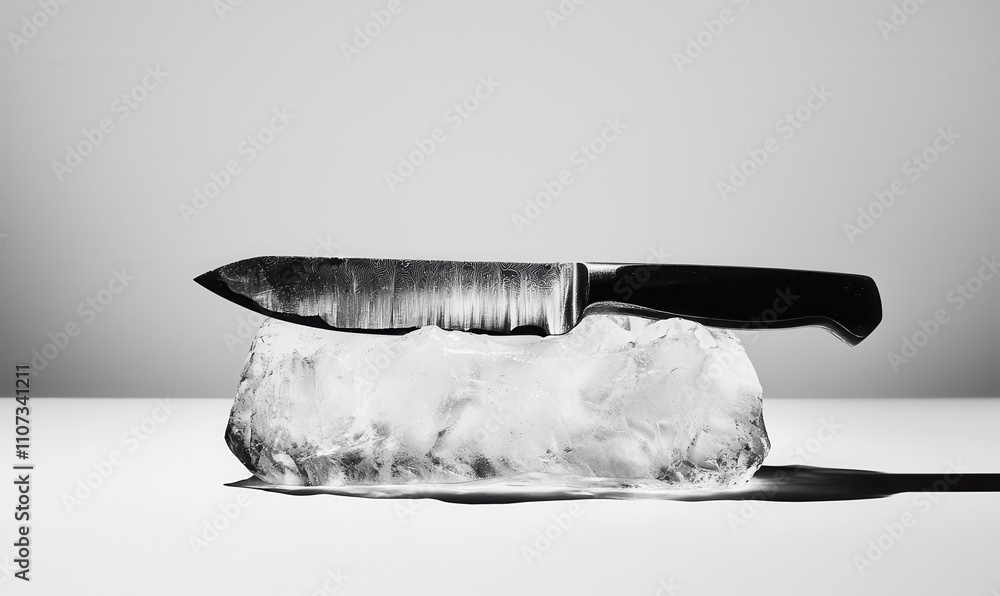 Aufkleber the art of contrast: a sharp knife balanced elegantly on a block of ice in minimalist monochrome set