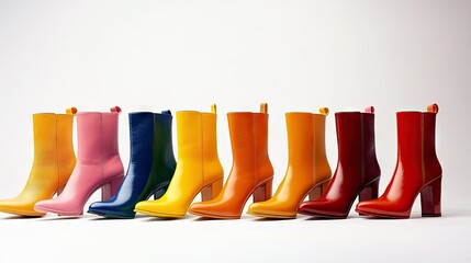 A collection of colorful ankle boots displayed in a row against a white studio backdrop.