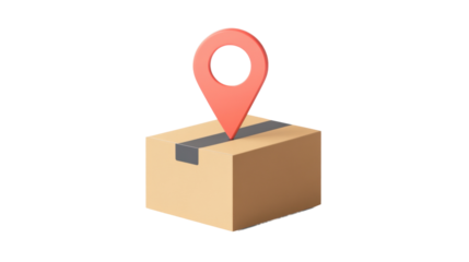 Cardboard box with location pin pointing transparent background delivery concept