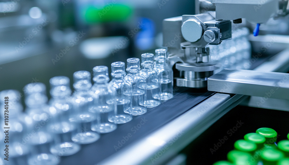 Poster bottles are being filled on a conveyor belt in a factory
