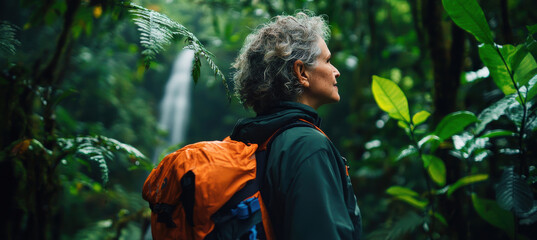 Fototapeta premium Senior woman hiking through lush rainforest, enjoying nature