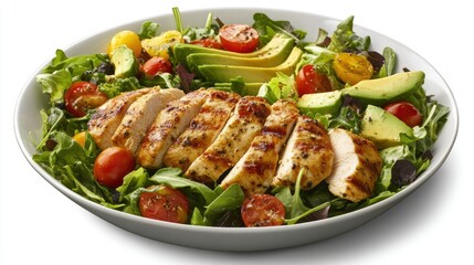 A colorful salad featuring sliced chicken breast, mixed greens, cherry tomatoes, avocado, and a light vinaigrette