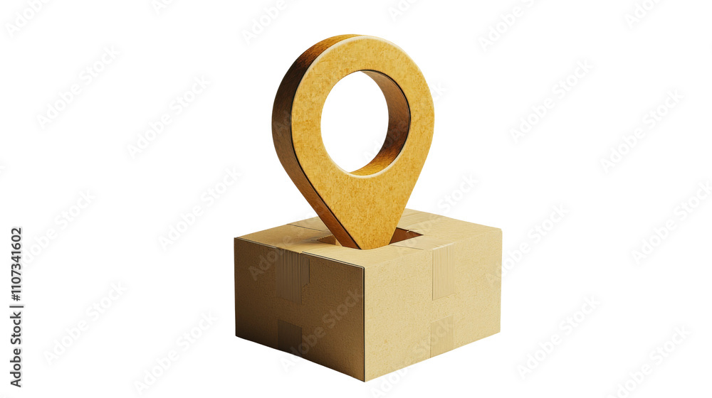 Poster cardboard box with location pin showing shipping destination on transparent background