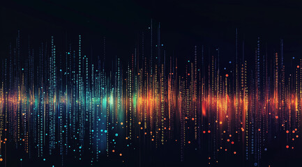 A black background with blue, orange, and green numbers floating in the air. The foreground is blurred to highlight the binary code of computer data flowing from left to right. A m