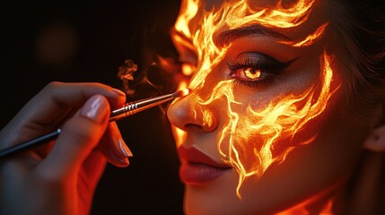 Obraz premium A creative moment where an artist paints vivid flames on a woman's face for a photoshoot.