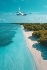 Naklejka premium birds eye view view through commercial aircraft passenger vertical window, tropical beach far down below, clear blue sky. 