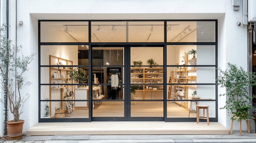 Poster modern storefront with large glass windows displaying an inviting interior.