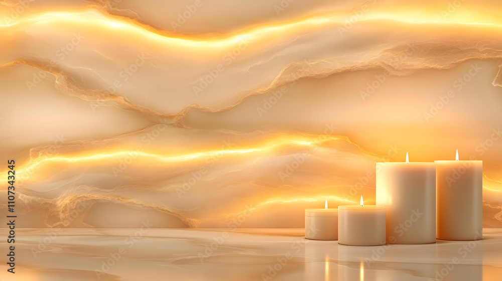 Poster A serene setting featuring lit candles in front of a warm, glowing marble wall, creating a calm and inviting atmosphere