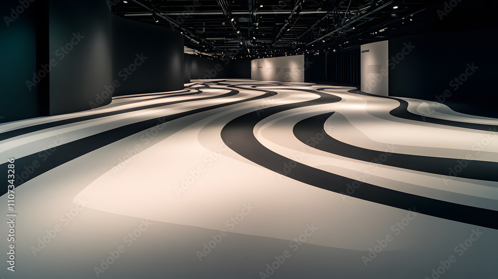 Aufkleber a modern art gallery featuring a wavy black and white floor design, creating a dynamic and immersive