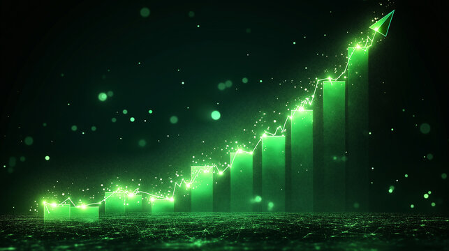A green stock market graph is going up on a dark background, with glowing light effects, in high resolution.
