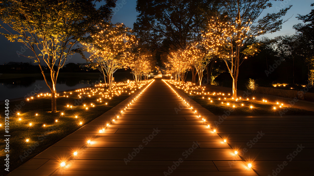 Poster A serene pathway illuminated by glowing lights and surrounded by trees, creating a magical atmosphere at dusk