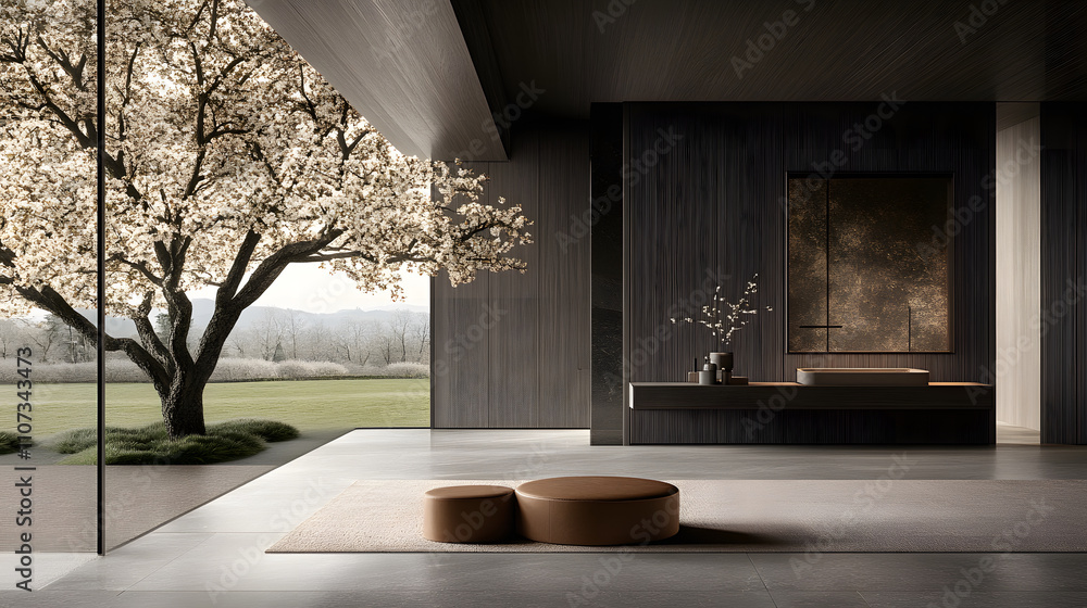 Poster a serene interior space featuring minimalist design, soft textures, and a view of a blooming tree ou