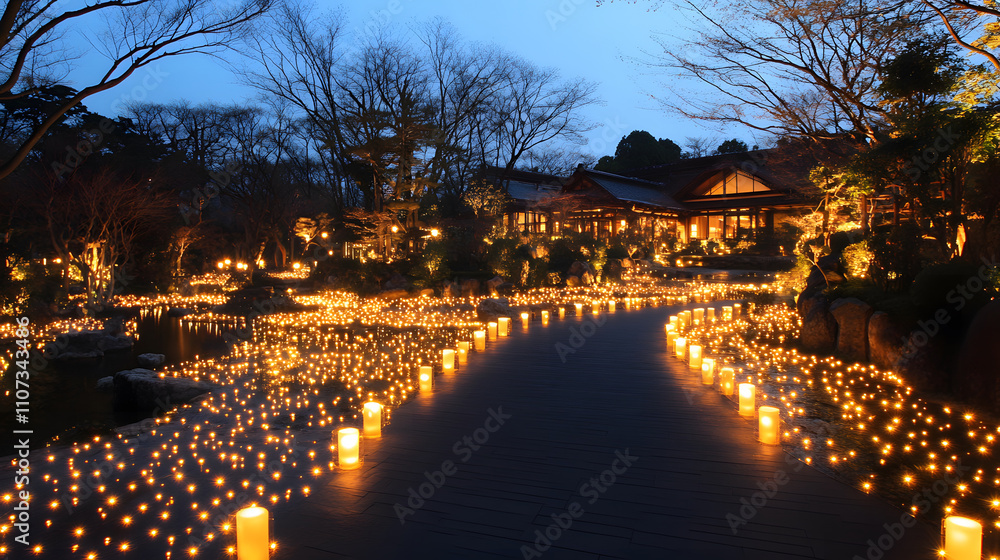 Aufkleber a serene pathway illuminated by glowing candles at dusk, surrounded by trees and a tranquil atmosphe