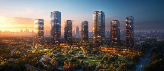 Naklejka premium Sunrise over modern city skyscrapers and lush green park.